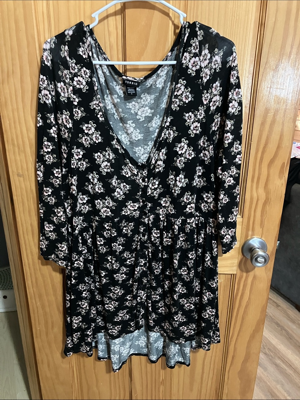 Torrid Black Floral V-Neck Babydoll Top  with Pale Pink Blooms